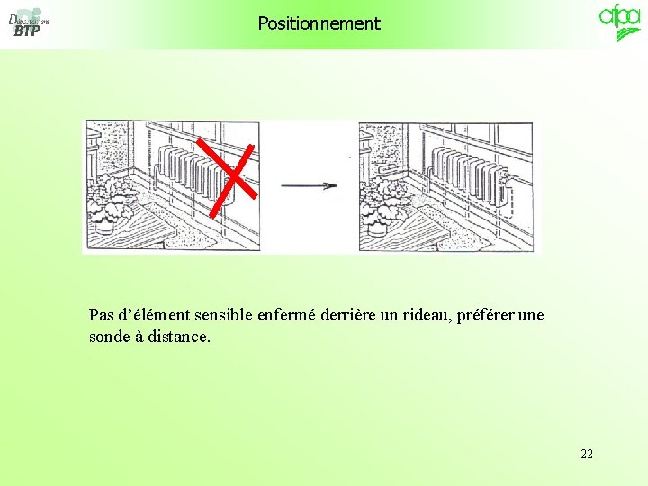 Positionnement Pas d’élément sensible enfermé derrière un rideau, préférer une sonde à distance. 22