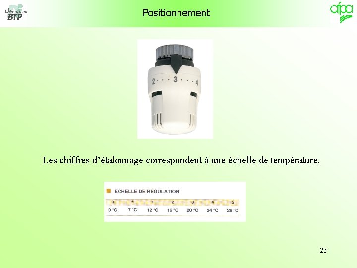 Positionnement Les chiffres d’étalonnage correspondent à une échelle de température. 23 