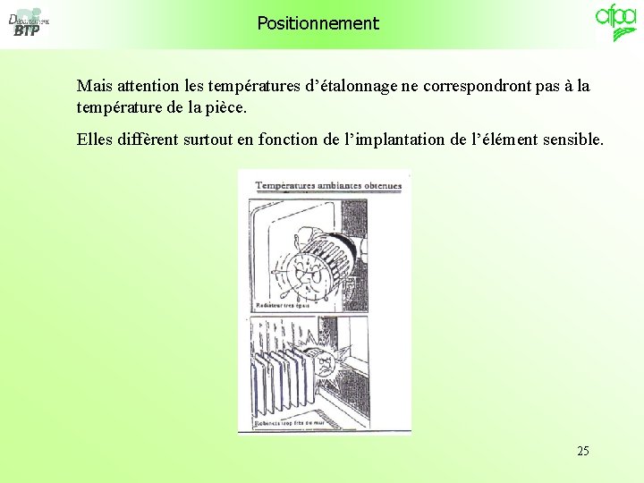 Positionnement Mais attention les températures d’étalonnage ne correspondront pas à la température de la