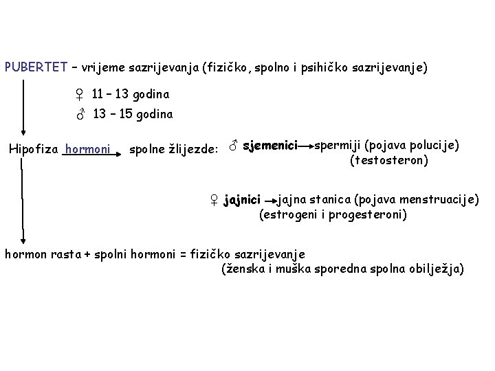 PUBERTET – vrijeme sazrijevanja (fizičko, spolno i psihičko sazrijevanje) ♀ 11 – 13 godina PUBERTET – vrijeme sazrijevanja (fizičko, spolno i psihičko sazrijevanje) ♀ 11 – 13 godina