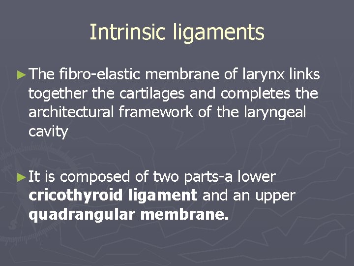 Intrinsic ligaments ► The fibro-elastic membrane of larynx links together the cartilages and completes Intrinsic ligaments ► The fibro-elastic membrane of larynx links together the cartilages and completes