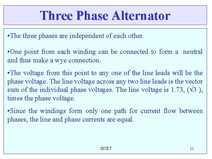 Three Phase Alternator • The three phases are independent of each other. • One Three Phase Alternator • The three phases are independent of each other. • One