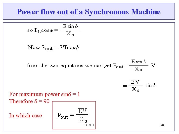Power flow out of a Synchronous Machine For maximum power sind = 1 Therefore Power flow out of a Synchronous Machine For maximum power sind = 1 Therefore