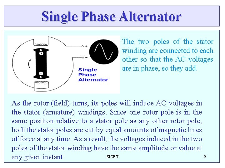 Single Phase Alternator The two poles of the stator winding are connected to each Single Phase Alternator The two poles of the stator winding are connected to each