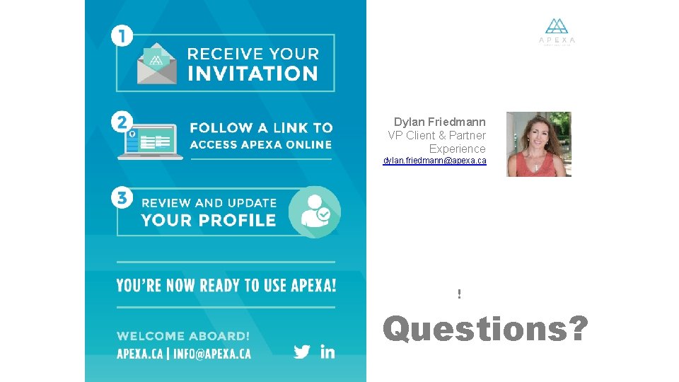 Dylan Friedmann VP Client & Partner Experience dylan. friedmann@apexa. ca ! Questions? 