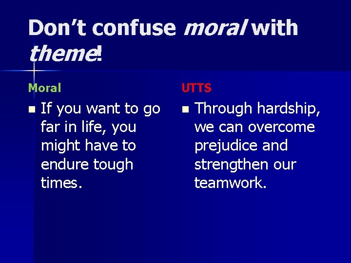 Don’t confuse moral with theme! Moral n If you want to go far in