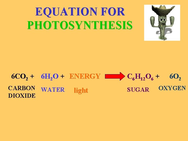 EQUATION FOR PHOTOSYNTHESIS 6 CO 2 + 6 H 2 O + ENERGY CARBON
