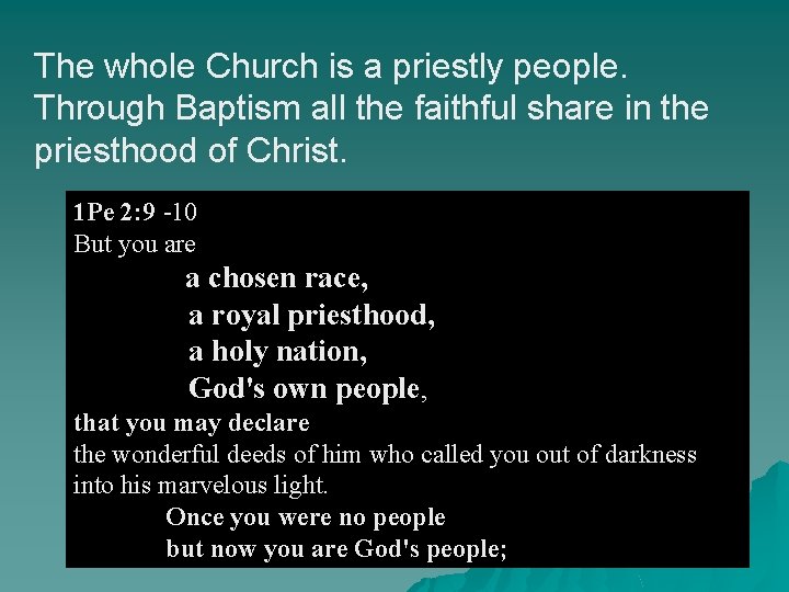 The whole Church is a priestly people. Through Baptism all the faithful share in