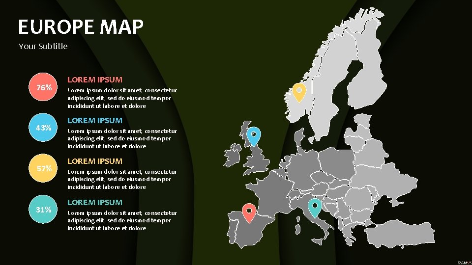 EUROPE MAP Your Subtitle 76% 43% 57% 31% LOREM IPSUM Lorem ipsum dolor sit