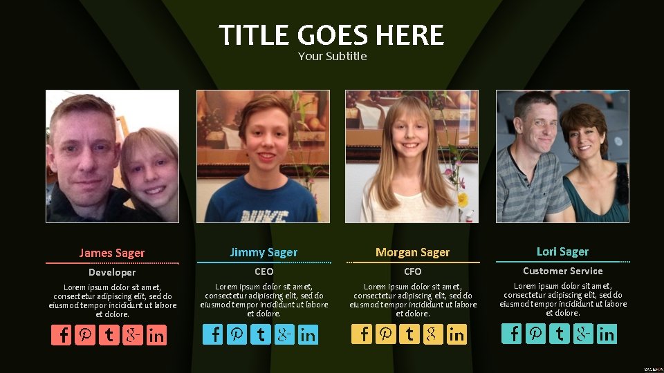 TITLE GOES HERE Your Subtitle James Sager Jimmy Sager Morgan Sager Lori Sager Developer