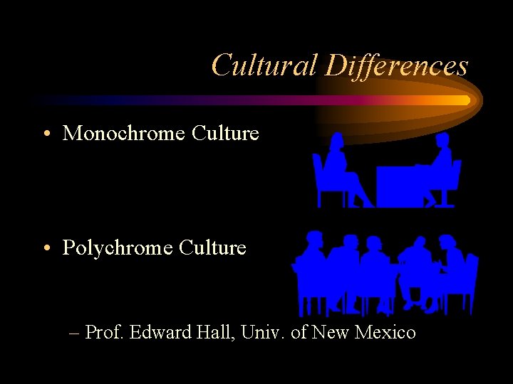 Cultural Differences • Monochrome Culture • Polychrome Culture – Prof. Edward Hall, Univ. of