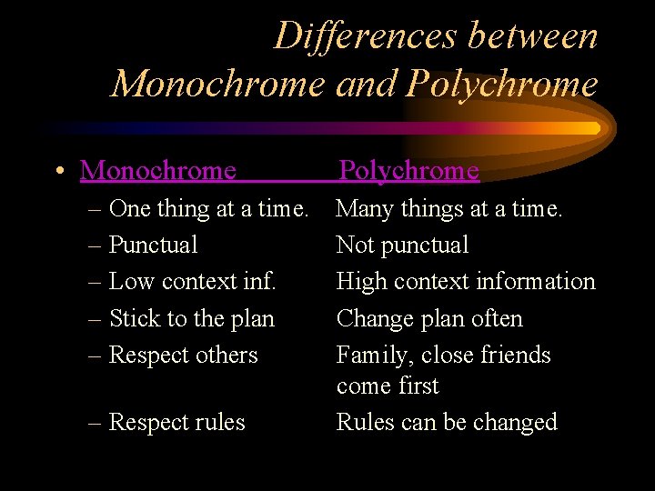 Differences between Monochrome and Polychrome • Monochrome Polychrome – One thing at a time.