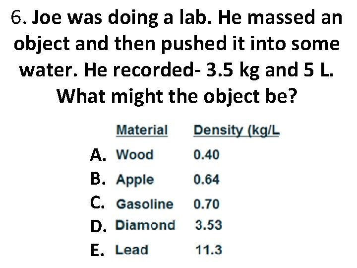 6. Joe was doing a lab. He massed an object and then pushed it