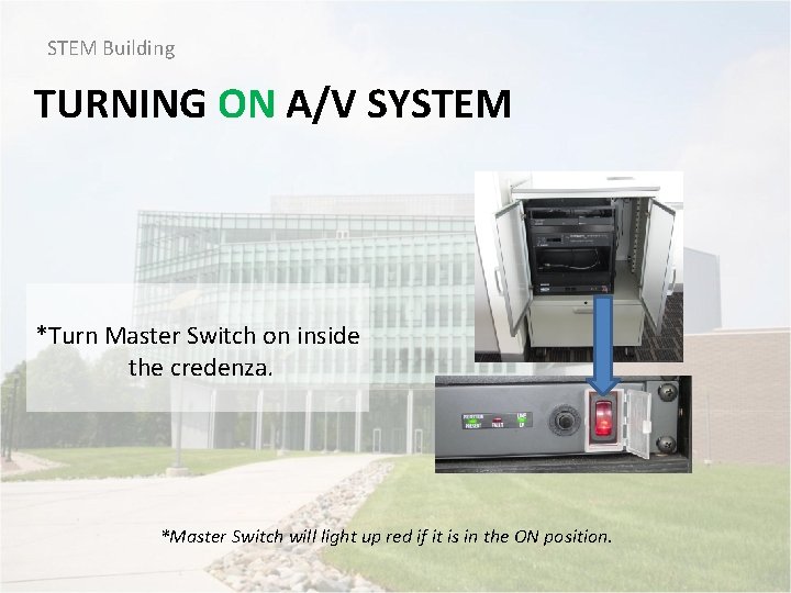 STEM Building TURNING ON A/V SYSTEM *Turn Master Switch on inside the credenza. *Master