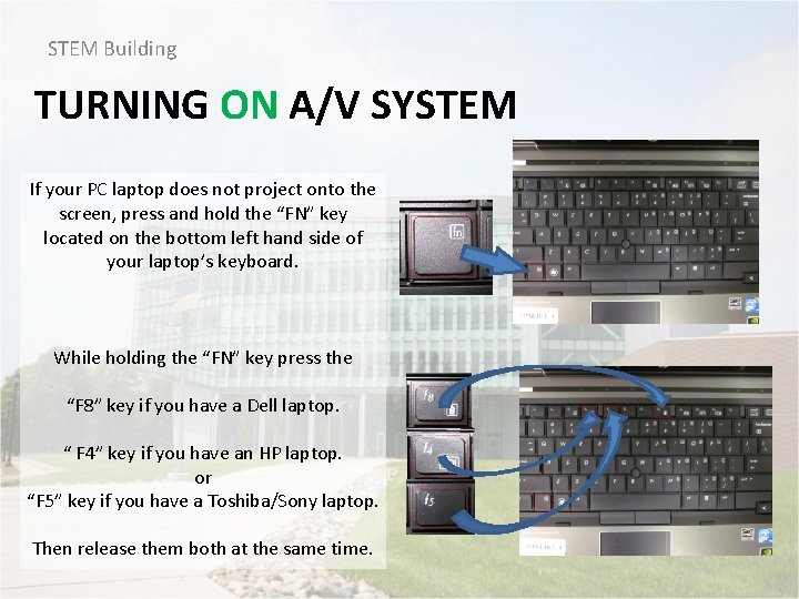 STEM Building TURNING ON A/V SYSTEM If your PC laptop does not project onto
