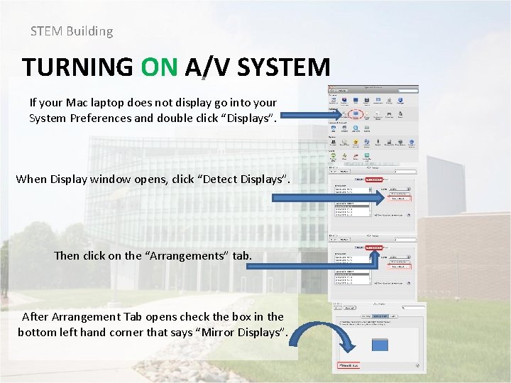 STEM Building TURNING ON A/V SYSTEM If your Mac laptop does not display go