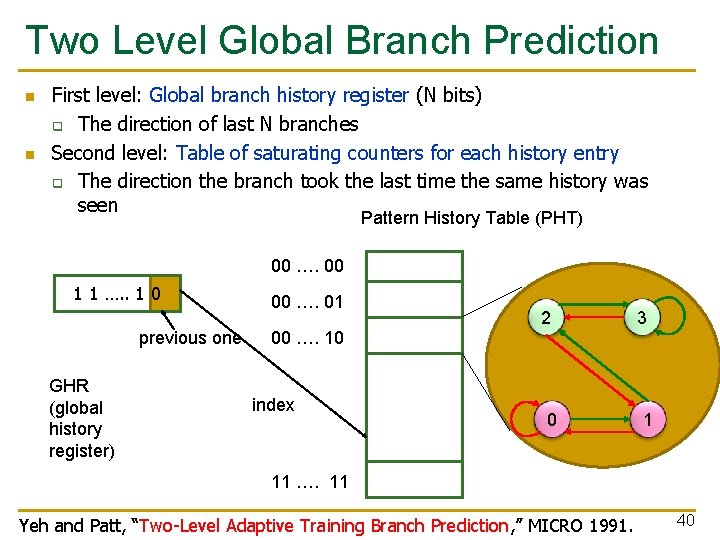 Two Level Global Branch Prediction n n First level: Global branch history register (N Two Level Global Branch Prediction n n First level: Global branch history register (N