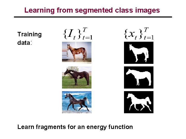 Learning from segmented class images Training data: Learn fragments for an energy function 