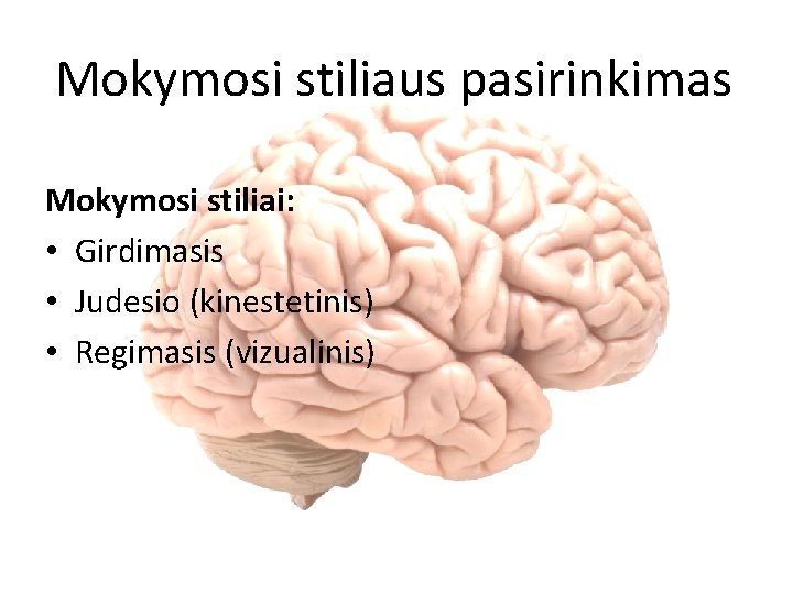 Mokymosi stiliaus pasirinkimas Mokymosi stiliai: • Girdimasis • Judesio (kinestetinis) • Regimasis (vizualinis) 