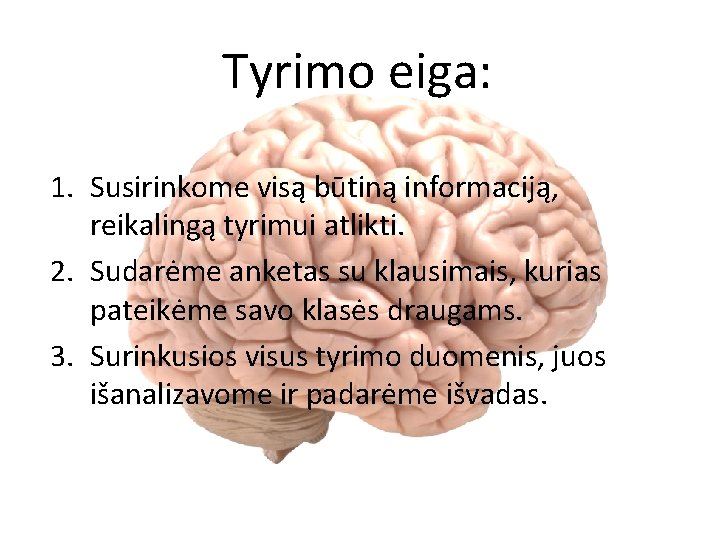 Tyrimo eiga: 1. Susirinkome visą būtiną informaciją, reikalingą tyrimui atlikti. 2. Sudarėme anketas su