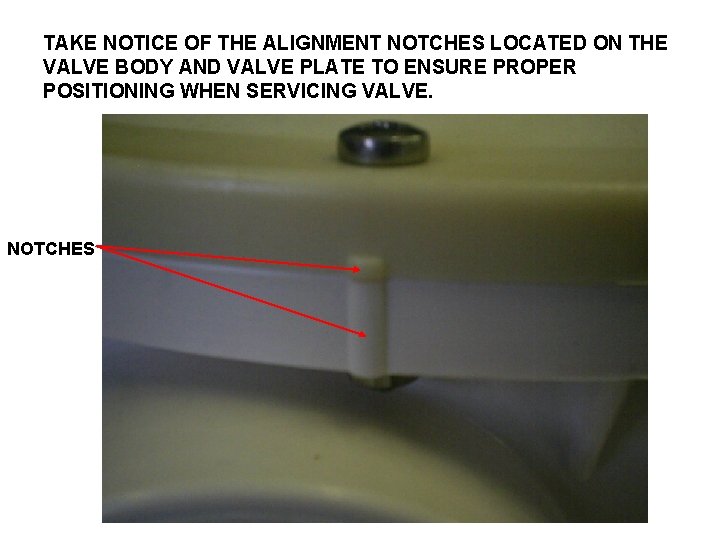 TAKE NOTICE OF THE ALIGNMENT NOTCHES LOCATED ON THE VALVE BODY AND VALVE PLATE