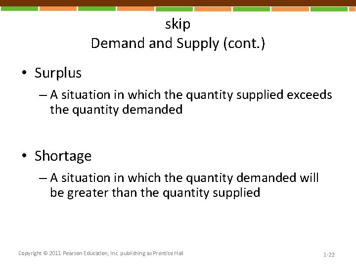 skip Demand Supply (cont. ) • Surplus – A situation in which the quantity