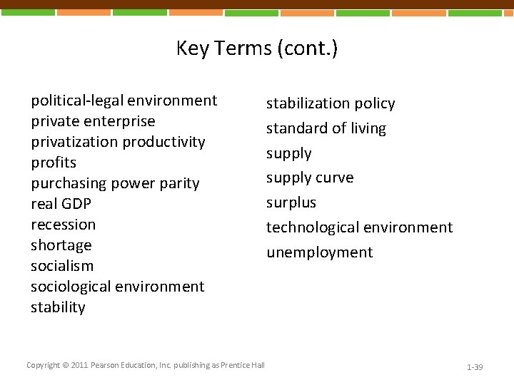 Key Terms (cont. ) political-legal environment private enterprise privatization productivity profits purchasing power parity