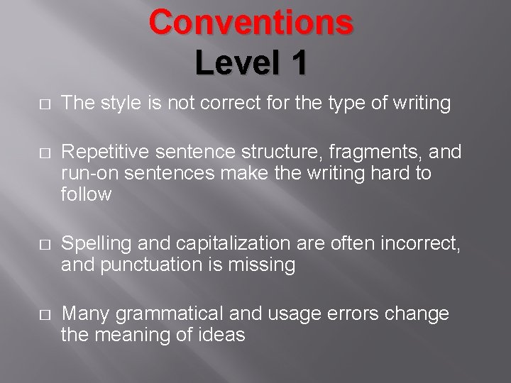 Conventions Level 1 � The style is not correct for the type of writing