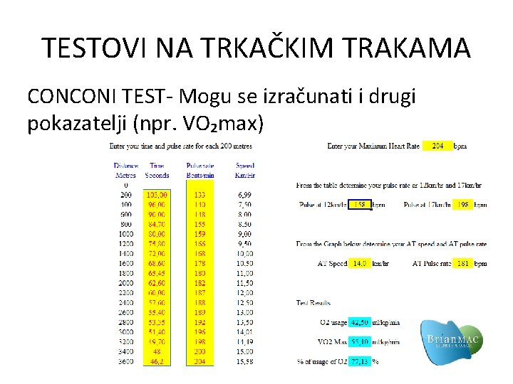 TESTOVI NA TRKAČKIM TRAKAMA CONCONI TEST- Mogu se izračunati i drugi pokazatelji (npr. VO₂max)