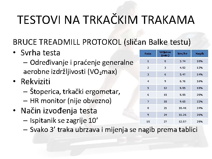 TESTOVI NA TRKAČKIM TRAKAMA BRUCE TREADMILL PROTOKOL (sličan Balke testu) • Svrha testa –