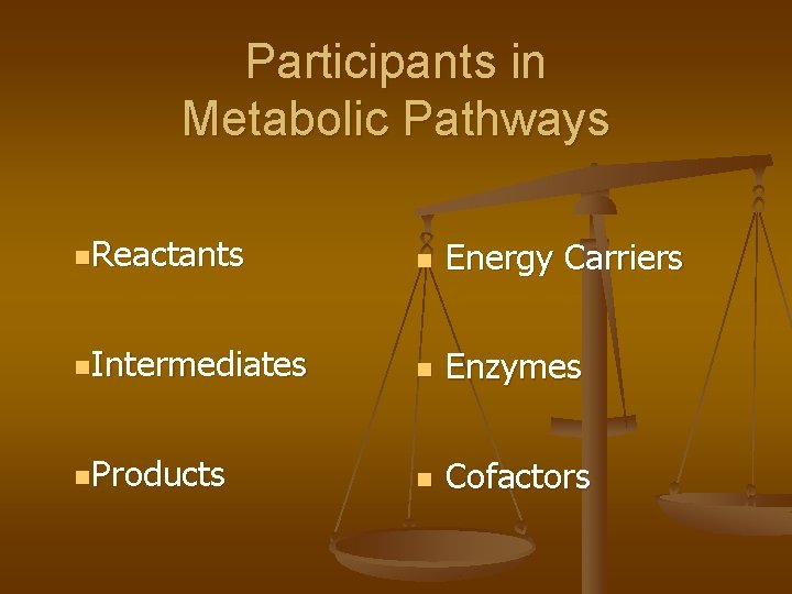 Participants in Metabolic Pathways n. Reactants n Energy Carriers n. Intermediates n Enzymes n.