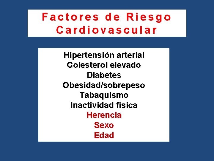 Factores de Riesgo Cardiovascular Hipertensión arterial Colesterol elevado Diabetes Obesidad/sobrepeso Tabaquismo Inactividad física Herencia