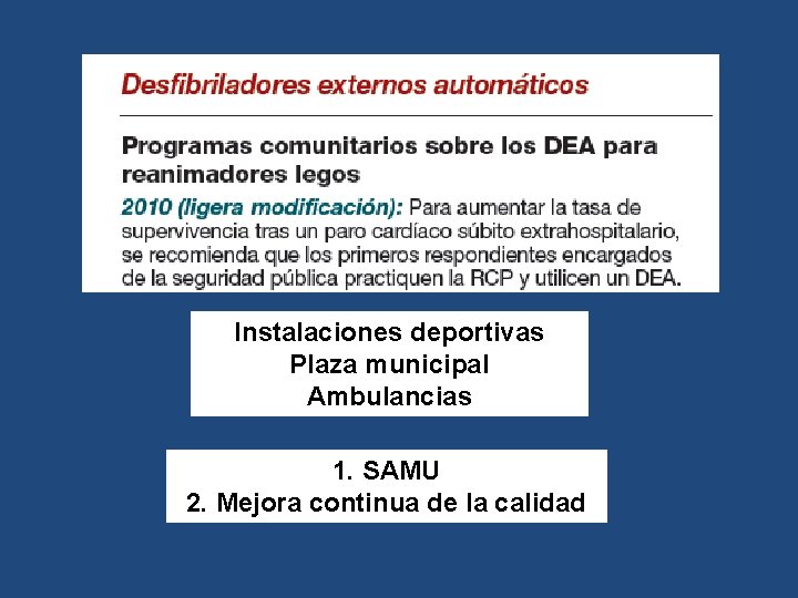 Instalaciones deportivas Plaza municipal Ambulancias 1. SAMU 2. Mejora continua de la calidad 