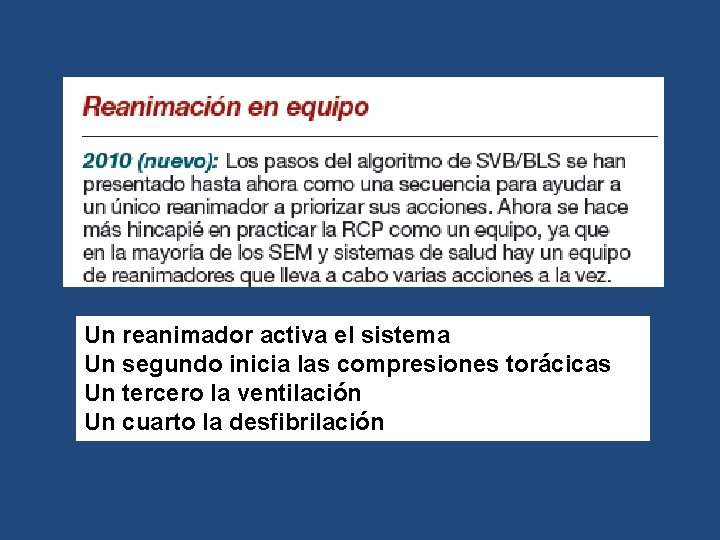 Un reanimador activa el sistema Un segundo inicia las compresiones torácicas Un tercero la