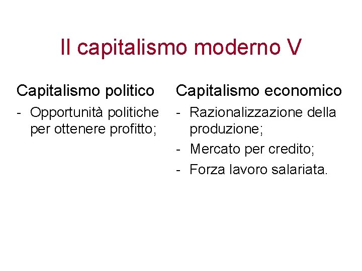 Il capitalismo moderno V Capitalismo politico Capitalismo economico - Opportunità politiche - Razionalizzazione della