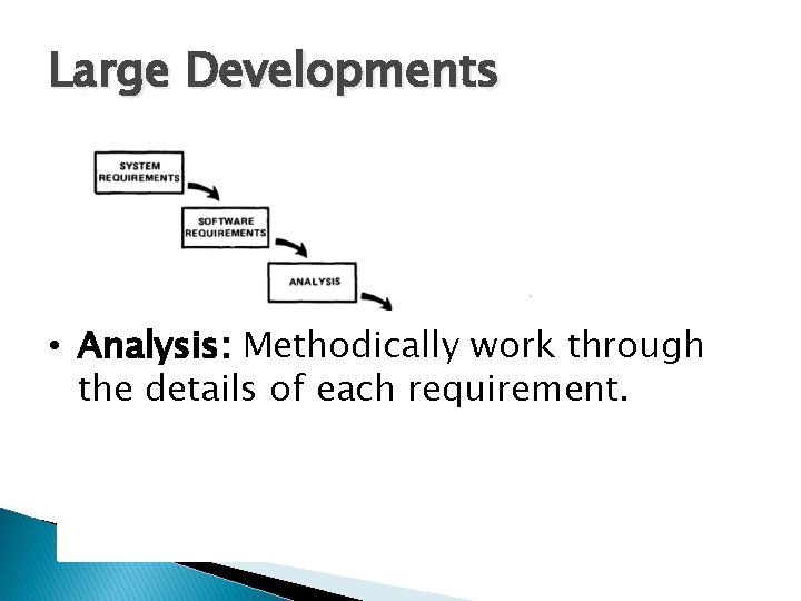 Large Developments • Analysis: Methodically work through the details of each requirement. 