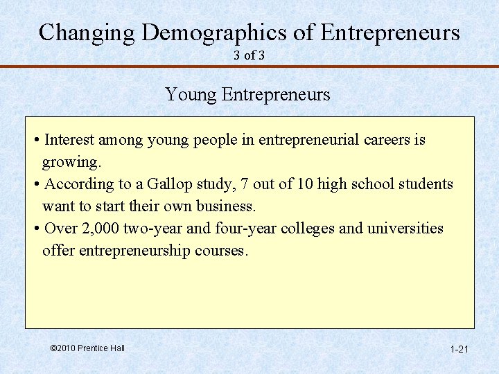 Changing Demographics of Entrepreneurs 3 of 3 Young Entrepreneurs • Interest among young people