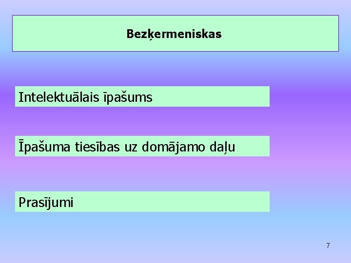 Bezķermeniskas Intelektuālais īpašums Īpašuma tiesības uz domājamo daļu Prasījumi 7 