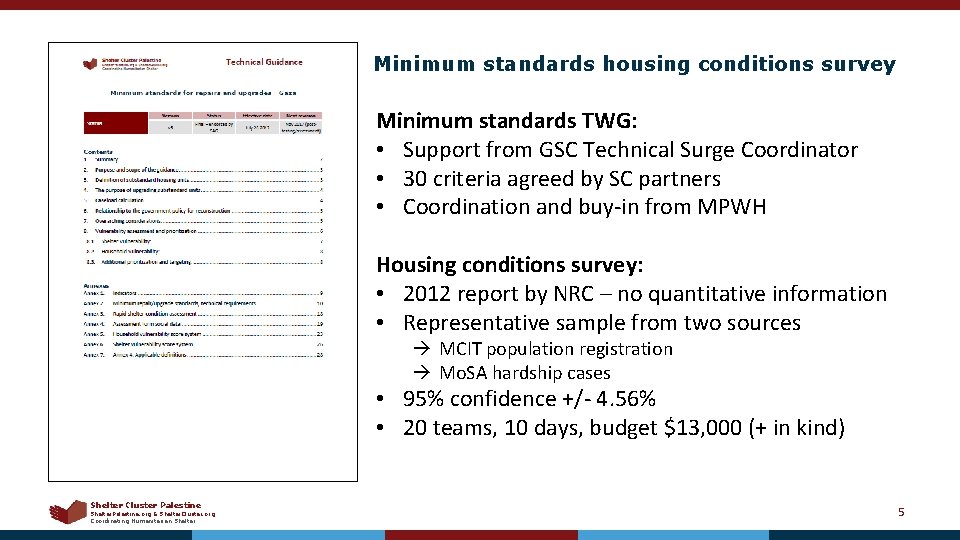 Minimum standards housing conditions survey Minimum standards TWG: • Support from GSC Technical Surge
