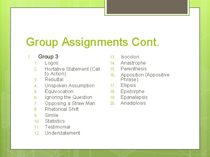 Group Assignments Cont. Group 3 1. 1. 2. 3. 4. 5. 6. 7. 8.