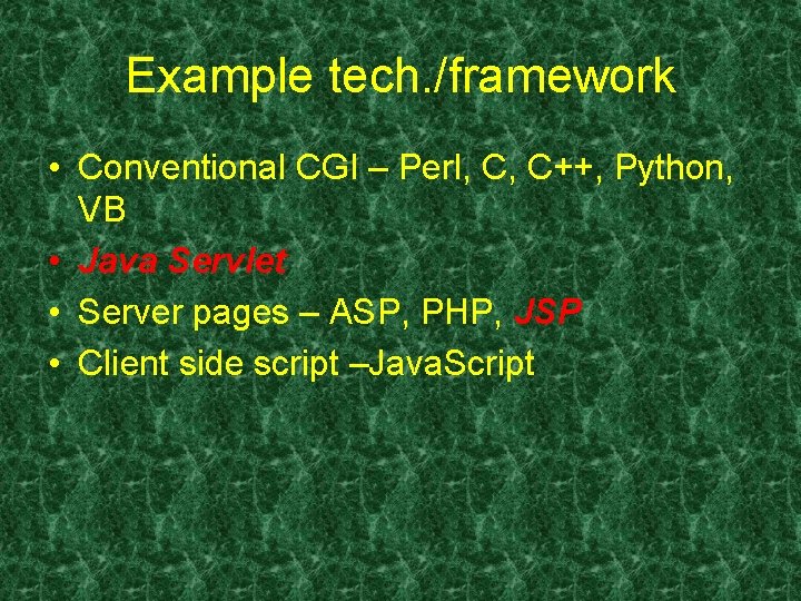 Example tech. /framework • Conventional CGI – Perl, C, C++, Python, VB • Java