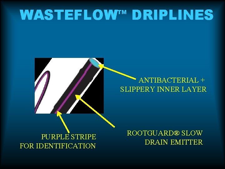 WASTEFLOW TM DRIPLINES ANTIBACTERIAL + SLIPPERY INNER LAYER PURPLE STRIPE FOR IDENTIFICATION ROOTGUARD® SLOW WASTEFLOW TM DRIPLINES ANTIBACTERIAL + SLIPPERY INNER LAYER PURPLE STRIPE FOR IDENTIFICATION ROOTGUARD® SLOW