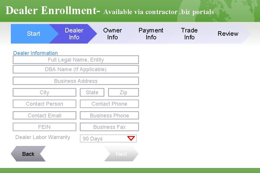 Dealer Enrollment- Available via contractor. biz portals Dealer Info Start Owner Info Dealer Information
