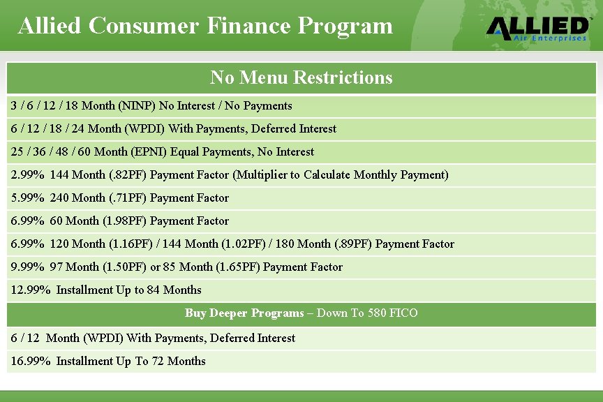 Allied Consumer Finance Program No Menu Restrictions 3 / 6 / 12 / 18