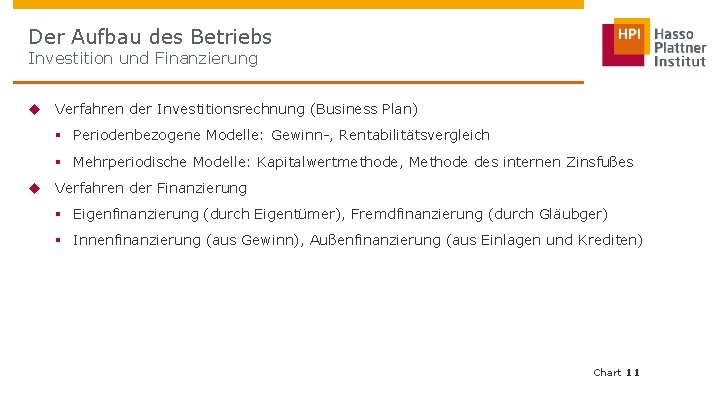 Der Aufbau des Betriebs Investition und Finanzierung u Verfahren der Investitionsrechnung (Business Plan) §