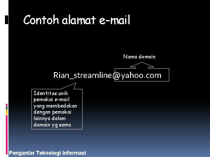 Contoh alamat e-mail Nama domain Rian_streamline@yahoo. com Identitas unik pemakai e-mail yang membedakan dengan