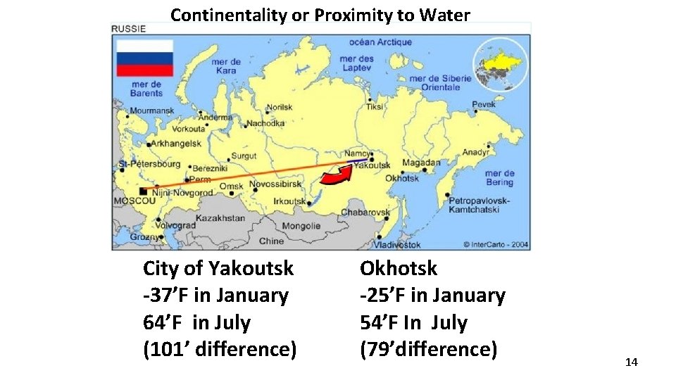 Continentality or Proximity to Water City of Yakoutsk -37’F in January 64’F in July