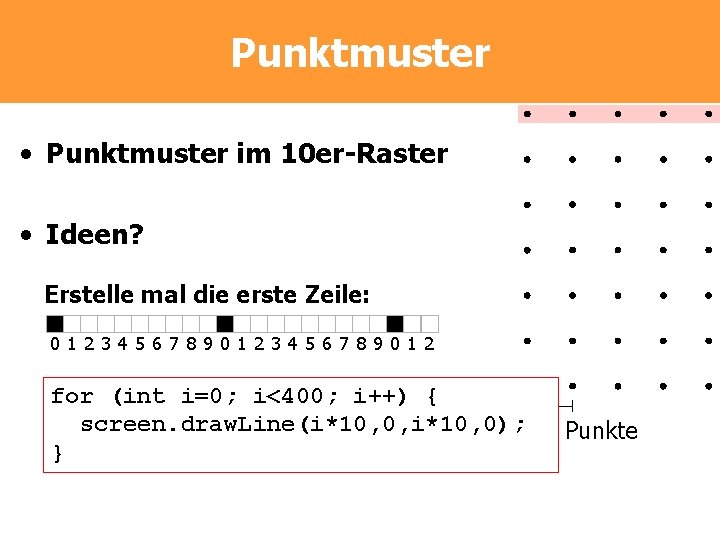 Punktmuster • Punktmuster im 10 er-Raster • Ideen? Erstelle mal die erste Zeile: 01234567 Punktmuster • Punktmuster im 10 er-Raster • Ideen? Erstelle mal die erste Zeile: 01234567