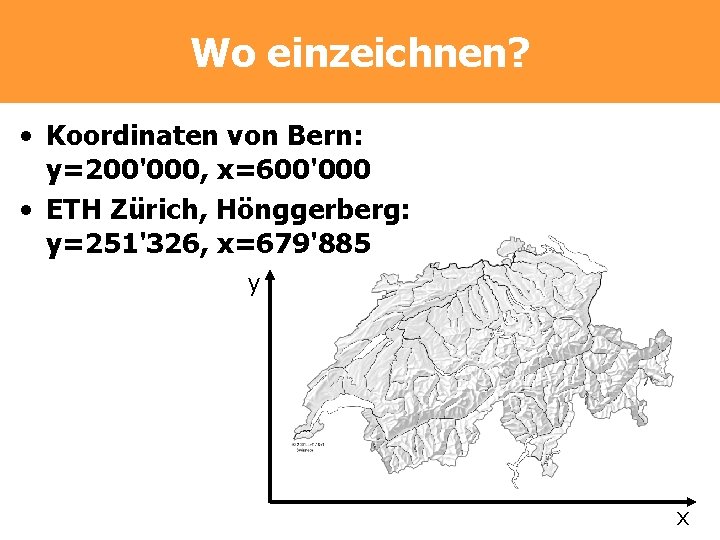 Wo einzeichnen? • Koordinaten von Bern: y=200'000, x=600'000 • ETH Zürich, Hönggerberg: y=251'326, x=679'885