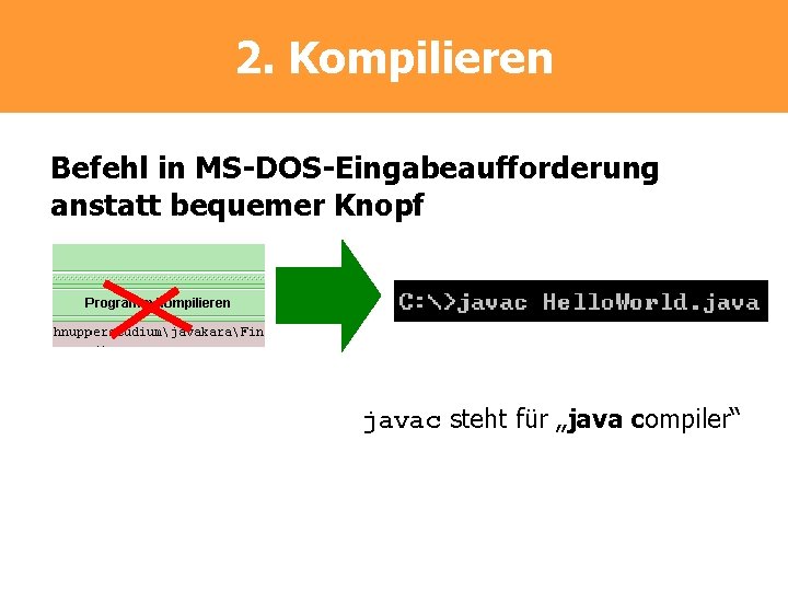 2. Kompilieren Befehl in MS-DOS-Eingabeaufforderung anstatt bequemer Knopf javac steht für „java compiler“ 